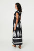 Black | Ikat Print Ruched Cap Sleeve Maxi Dress
