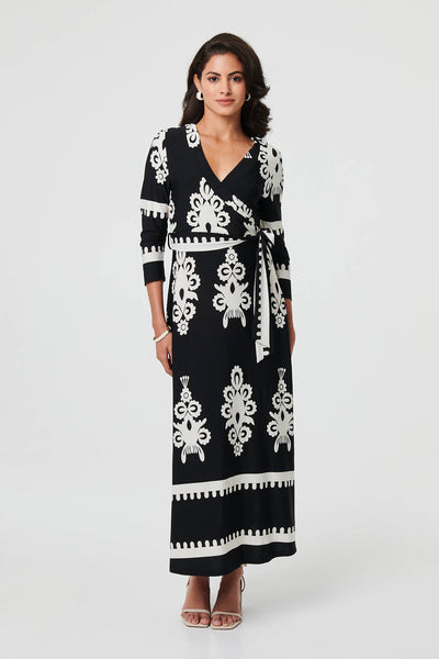 Black | Ikat Print 3/4 Sleeve Wrap Maxi Dress
