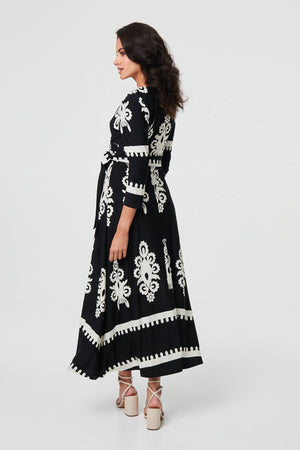 Black | Ikat Print 3/4 Sleeve Wrap Maxi Dress
