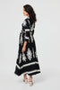 Black | Ikat Print 3/4 Sleeve Wrap Maxi Dress
