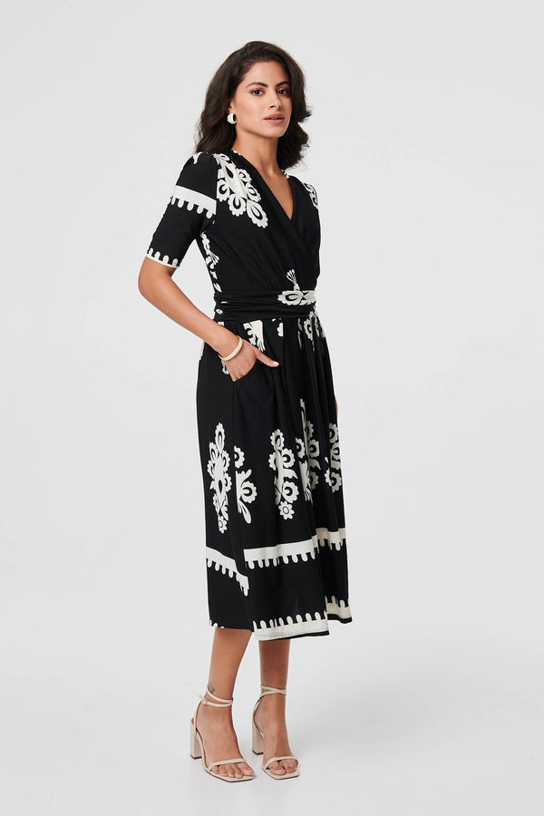 Black | Ikat Print 1/2 Sleeve Wrap Midi Dress
