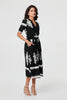 Black | Ikat Print 1/2 Sleeve Wrap Midi Dress
