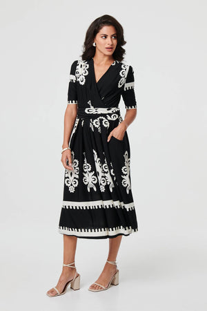 Black | Ikat Print 1/2 Sleeve Wrap Midi Dress
