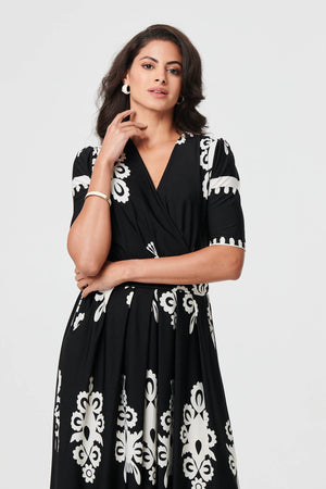 Black | Ikat Print 1/2 Sleeve Wrap Midi Dress
