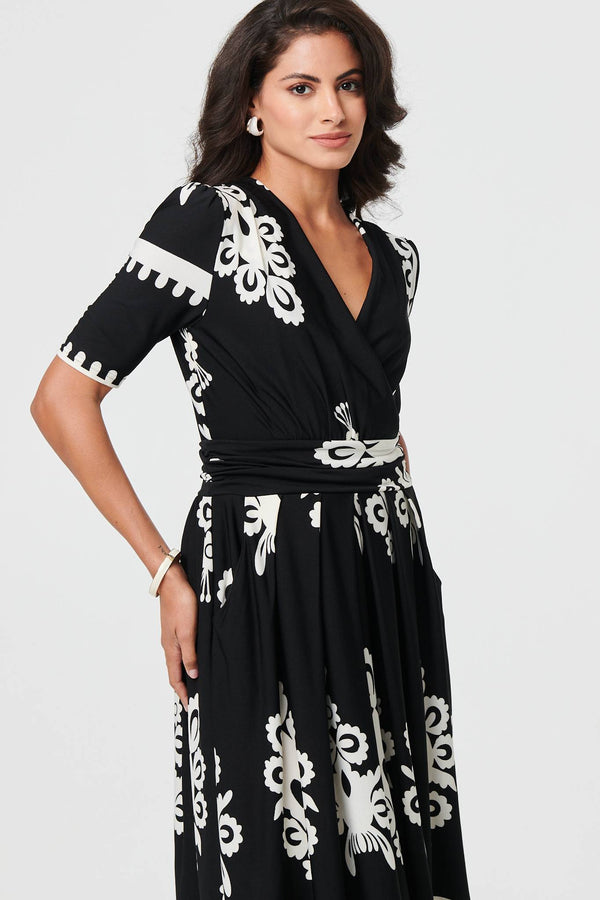 Black | Ikat Print 1/2 Sleeve Wrap Midi Dress
