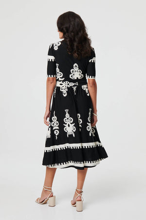 Black | Ikat Print 1/2 Sleeve Wrap Midi Dress
