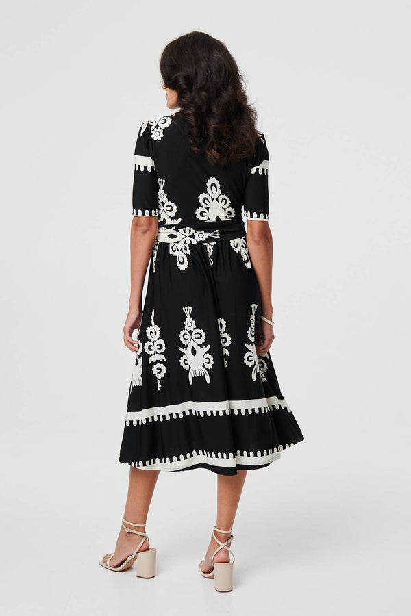 Black | Ikat Print 1/2 Sleeve Wrap Midi Dress
