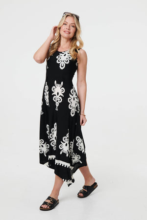Black And White | Ikat Print Sleeveless A-Line Midi Dress
