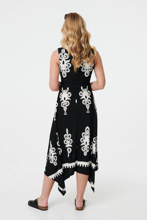 Black And White | Ikat Print Sleeveless A-Line Midi Dress
