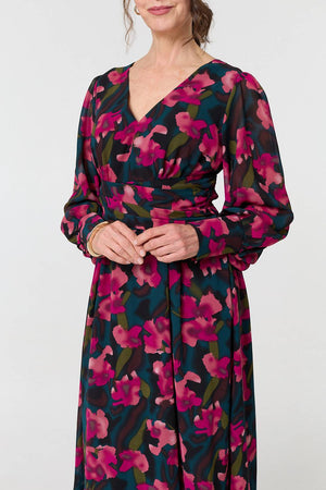 Green | Floral Ruched Long Sleeve Maxi Dress
