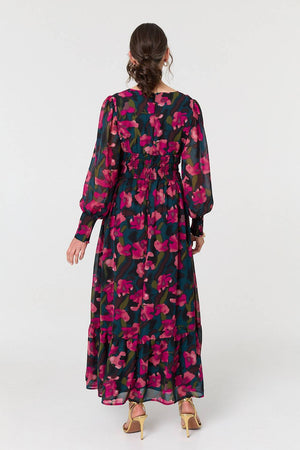 Green | Floral Ruched Long Sleeve Maxi Dress
