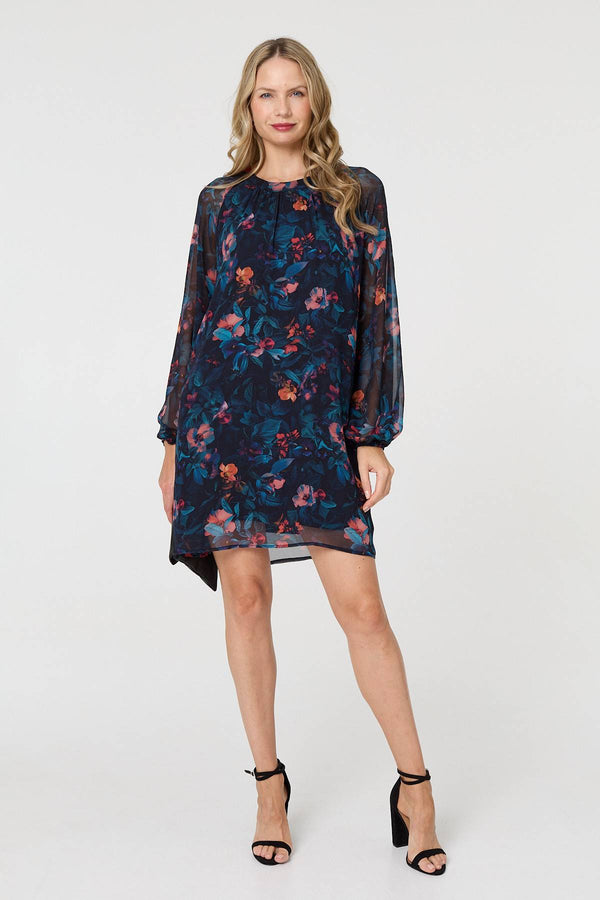 Blue | Floral Layered Long Sleeve Short Dress
