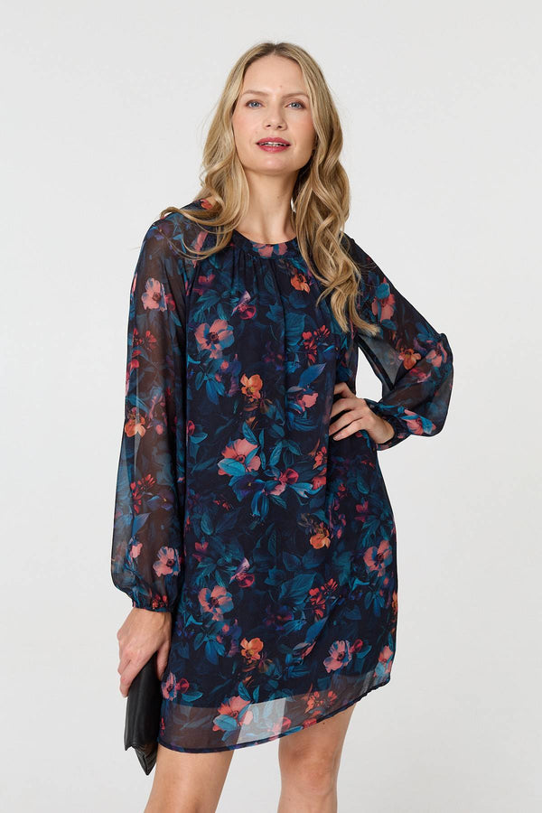 Blue | Floral Layered Long Sleeve Short Dress
