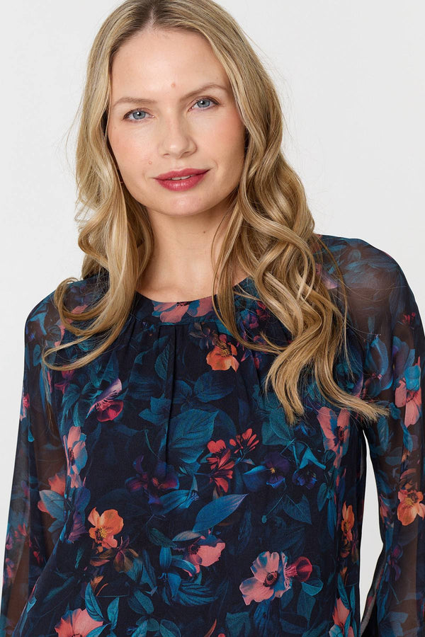 Blue | Floral Layered Long Sleeve Short Dress
