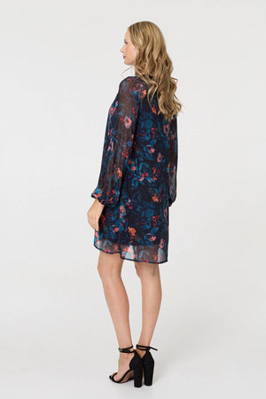 Blue | Floral Layered Long Sleeve Short Dress
