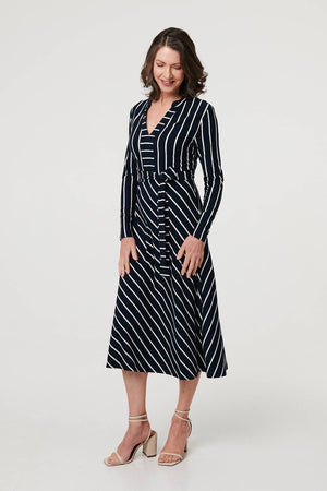Blue | Striped Tie Waist Long Sleeve Midi Dress
