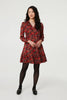 Red | Leaf Print Long Sleeve Jersey Dress
