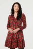 Red | Leaf Print Long Sleeve Jersey Dress
