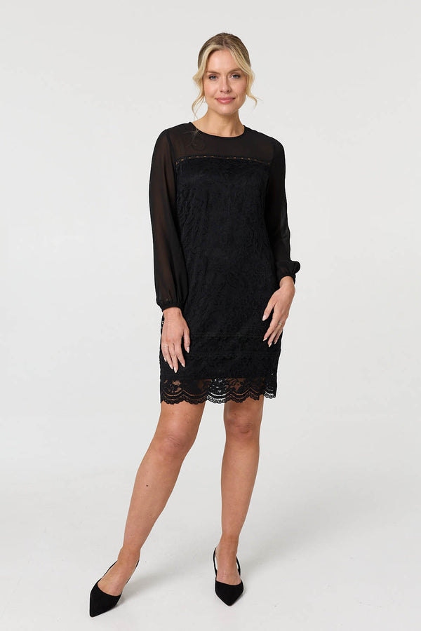 Black | Semi Sheer Lace Trim Short Dress : Model is 5'10"/178 cm and wears UK8/EU36/US4/AUS8   