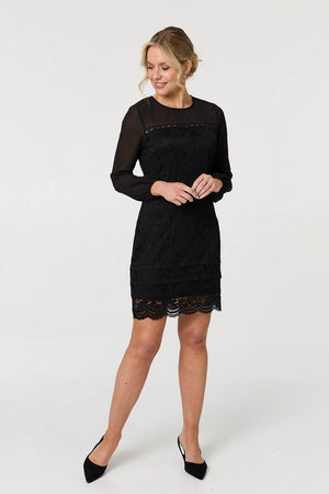 Black | Semi Sheer Lace Trim Short Dress