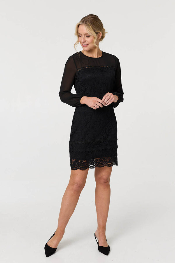 Black | Semi Sheer Lace Trim Short Dress