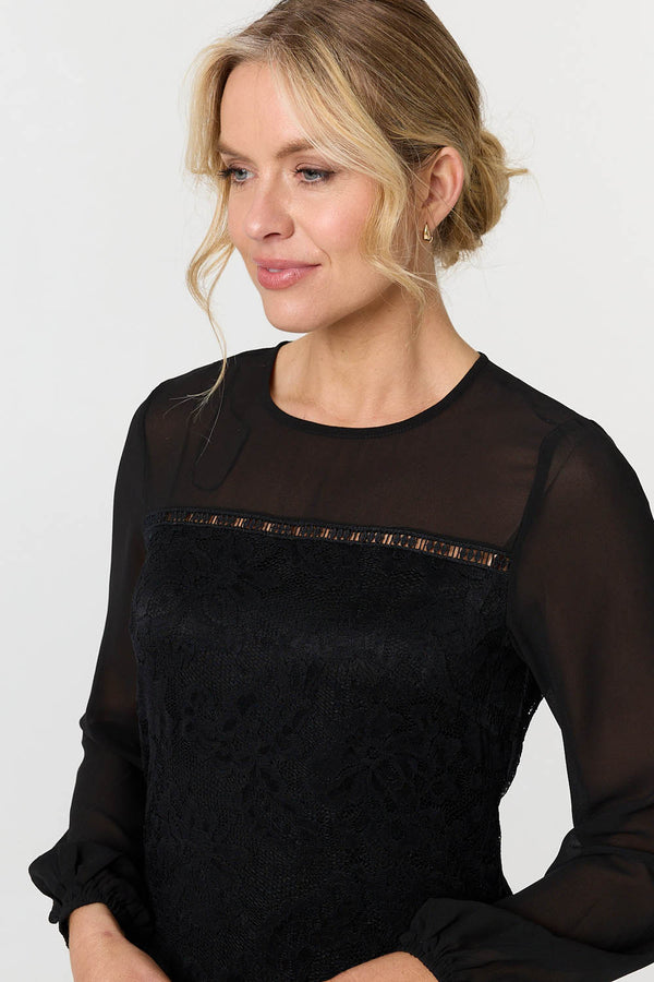 Black | Semi Sheer Lace Trim Short Dress