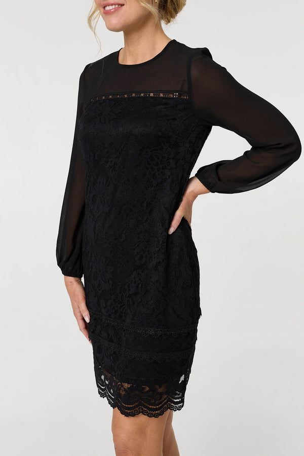 Black | Semi Sheer Lace Trim Short Dress