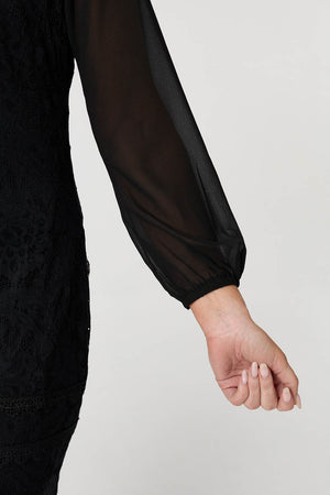 Black | Semi Sheer Lace Trim Short Dress