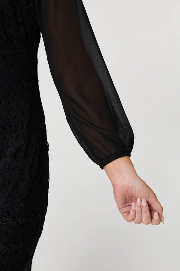 Black | Semi Sheer Lace Trim Short Dress