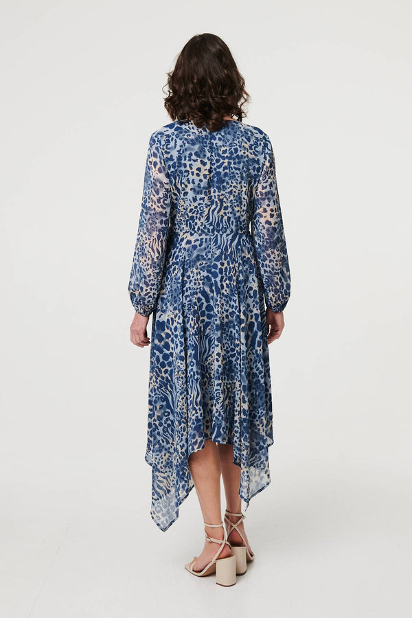 Blue | Animal Print Sheer Hanky Hem Midi Dress
