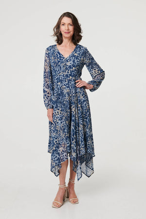 Blue | Animal Print Sheer Hanky Hem Midi Dress

