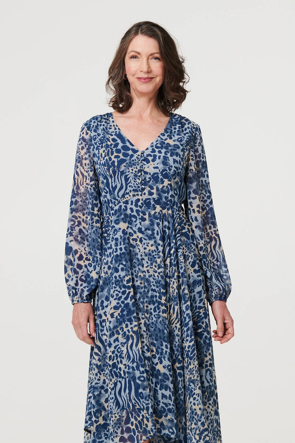Blue | Animal Print Sheer Hanky Hem Midi Dress
