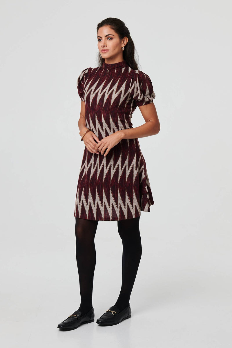 Geo Print Puff Sleeve Mini Skater Dress