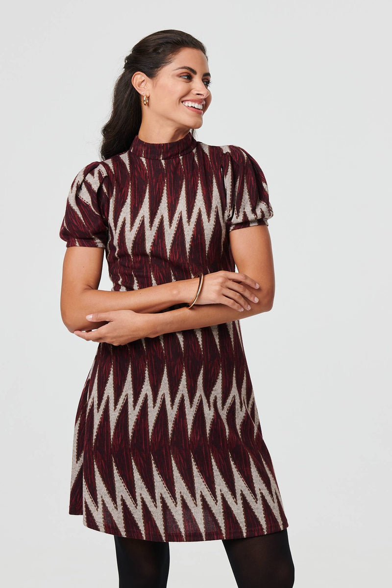 Geo Print Puff Sleeve Mini Skater Dress | Izabel London Geo Print Puff Sleeve Mini Skater Dress | Izabel London