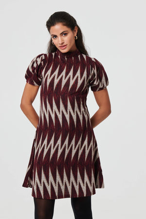 Burgundy | Geo Print Puff Sleeve Mini Skater Dress
