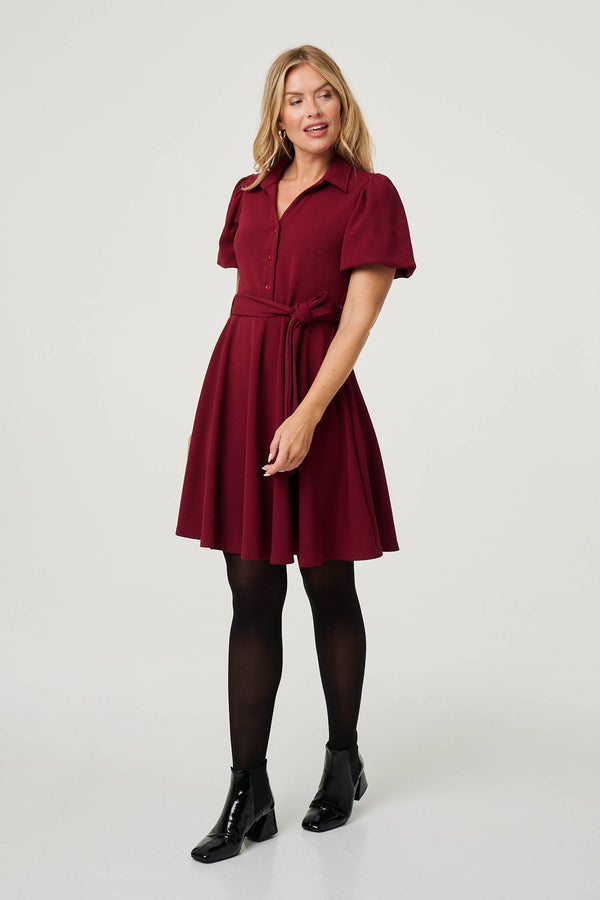 Red | Puff Sleeve Tie Waist Short Skater Dress