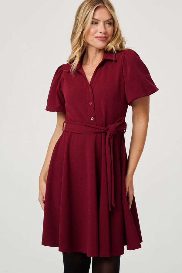Red | Puff Sleeve Tie Waist Short Skater Dress