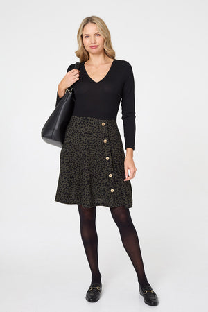 Black | Animal Print V-Neck Short Skater Dress
