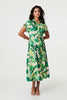 Green | Printed Cap Sleeve Belt Waist Midi Dress
