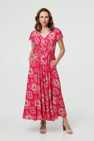 Pink | Printed Cap Sleeve Ruched Maxi Dress
