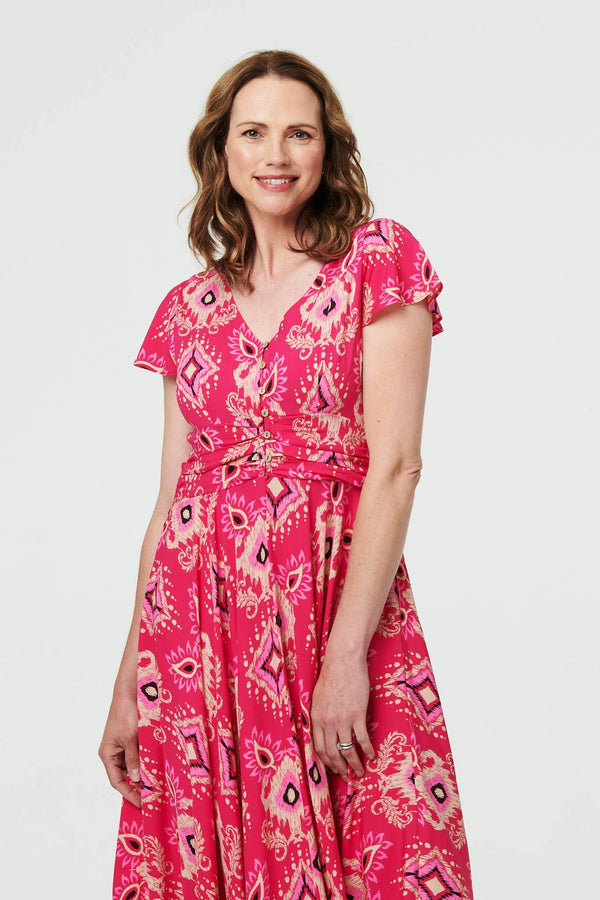 Pink | Printed Cap Sleeve Ruched Maxi Dress
