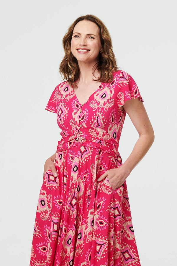 Pink | Printed Cap Sleeve Ruched Maxi Dress

