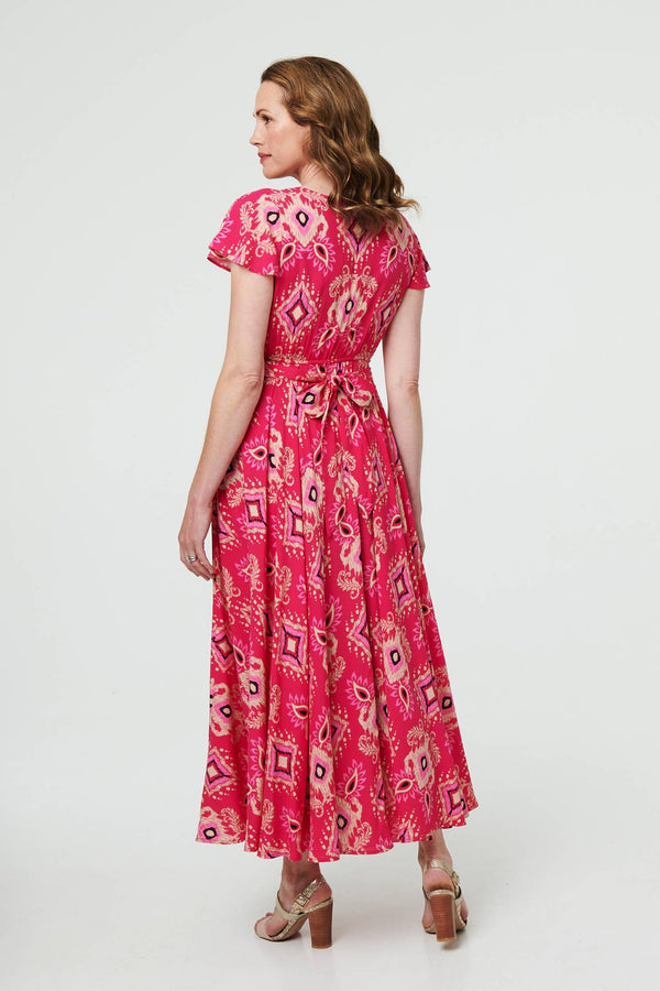 Pink | Printed Cap Sleeve Ruched Maxi Dress
