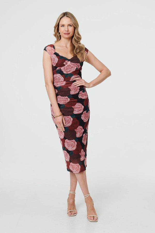 Pink | Floral Semi Sheer Cap Sleeve Midi Dress
