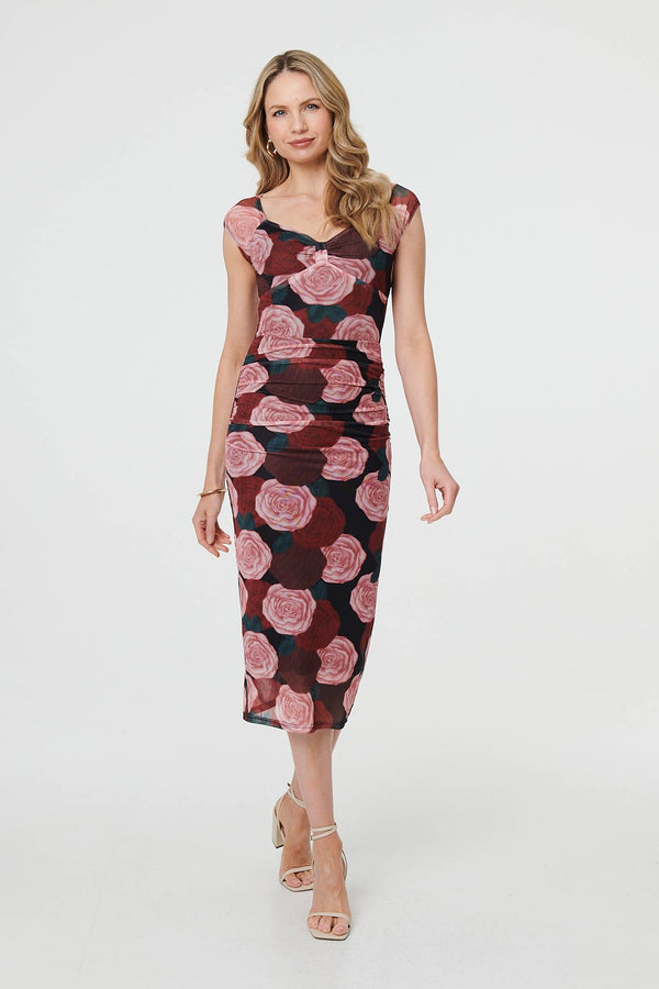 Pink | Floral Semi Sheer Cap Sleeve Midi Dress

