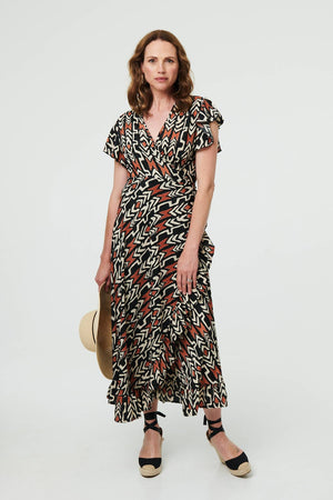 Black | Abstract Frilled Sleeve Wrap Midi Dress
