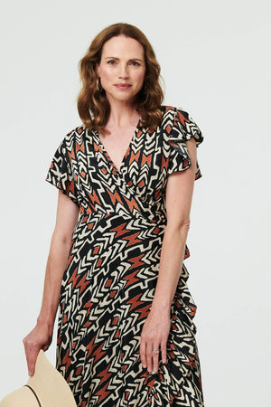 Black | Abstract Frilled Sleeve Wrap Midi Dress

