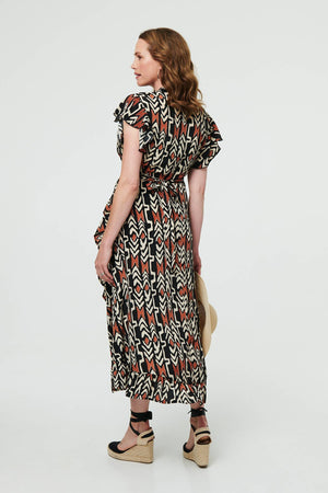 Black | Abstract Frilled Sleeve Wrap Midi Dress
