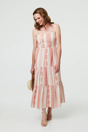 Coral | Printed Sleeveless Tiered Midi Dress
