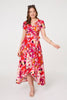 Red | Printed Short Sleeve Wrap Midi Dress
